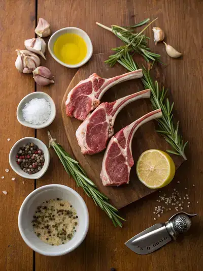 Fresh ingredients for lamb lollipops displayed on a kitchen table.