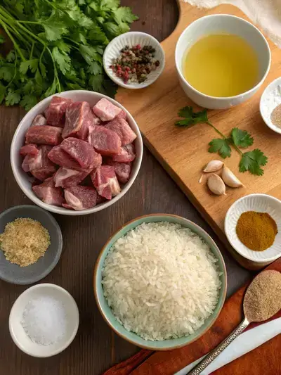 A variety of fresh ingredients for lamb over rice displayed on a kitchen table.