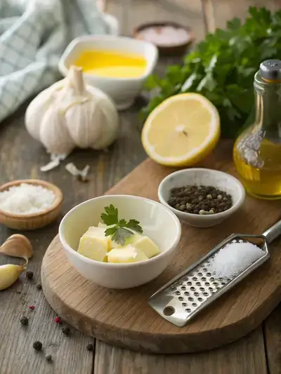 Ingredients for lemon pepper sauce displayed on a kitchen table, including butter, garlic, lemon zest, lemon juice, black pepper, salt, heavy cream, and parsley.