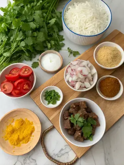 A colorful assortment of ingredients for mutton biryani displayed on a kitchen table.