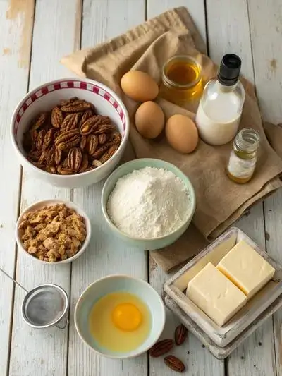 Ingredients for Pecan Pie Bars arranged on a kitchen table, showcasing flour, sugar, butter, eggs, and pecans.