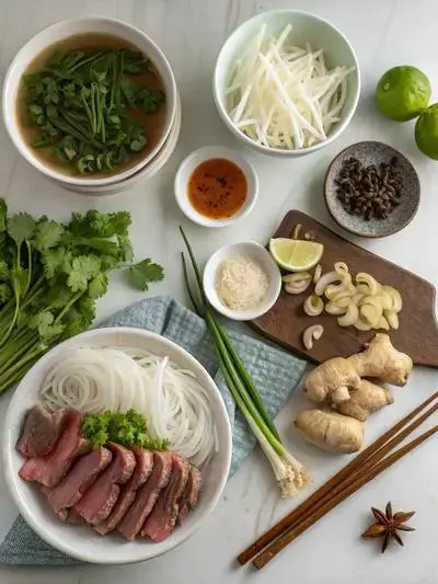 A variety of pho ingredients including rice noodles, beef bones, spices, and fresh herbs, with jasmine rice on the side.