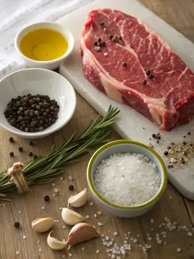 Ingredients for rib cap steak displayed on a kitchen table.