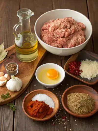 Ingredients for spicy chicken patties displayed on a kitchen table.
