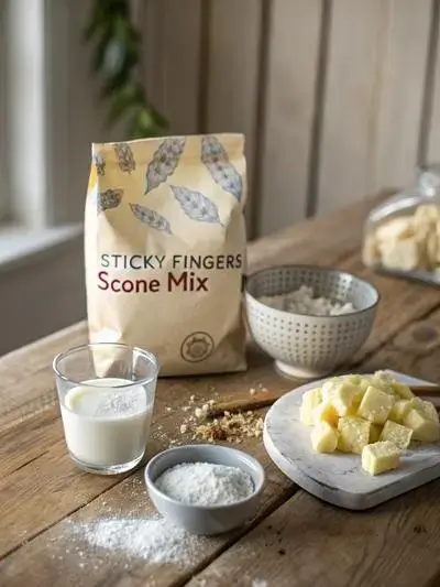 Ingredients for sticky fingers scone mix arranged on a kitchen table.