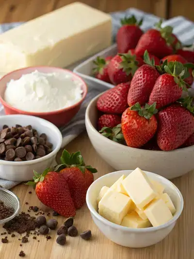 Ingredients for strawberry chocolate displayed on a kitchen table.