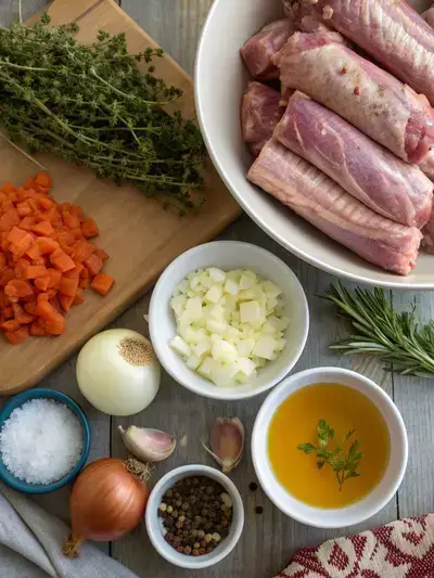 Fresh ingredients for a turkey necks recipe displayed on a kitchen table.