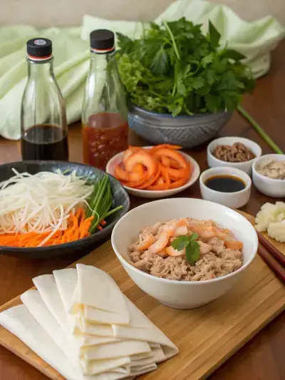 Ingredients for Vietnamese egg rolls arranged on a kitchen table