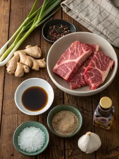 Ingredients for wagyu short ribs displayed on a kitchen table, including marbled short ribs, vegetables, sauces, and garnishes.