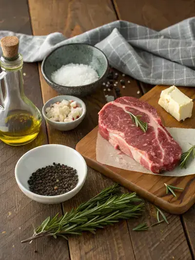 Ingredients for shoulder steak displayed on a kitchen table.
