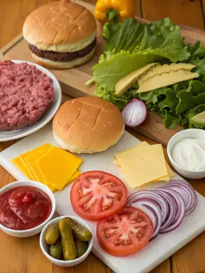 Fresh ingredients for g's burgers displayed on a kitchen table.