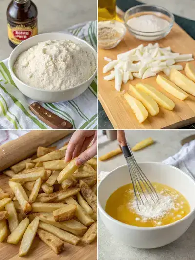 Step-by-step process of making beer battered fries, showcasing ingredients and frying technique.