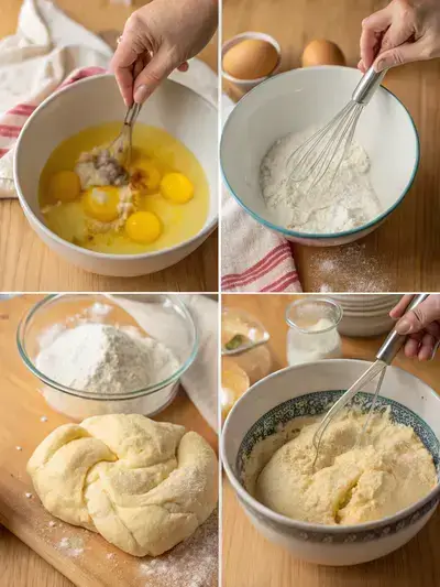 Step-by-step process of making challah bread, showcasing yeast dissolving, mixing dry ingredients, whisking wet ingredients, and kneading dough.