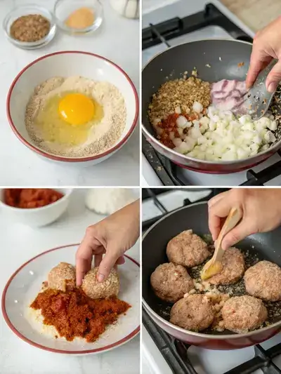 Step-by-step process of making spicy chicken patties, including ingredients, mixing, forming patties, and cooking in a skillet.