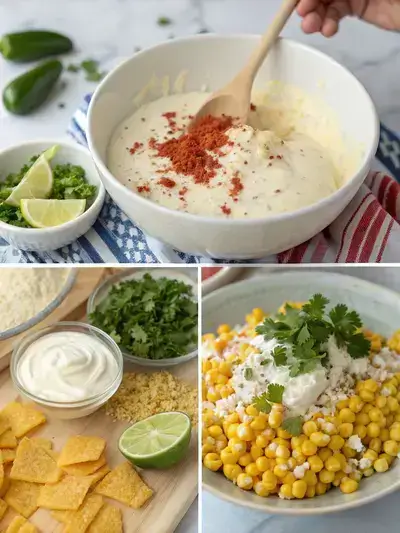 Step-by-step preparation of fiesta corn, showcasing the creamy mixture, added ingredients, and final garnished dish.