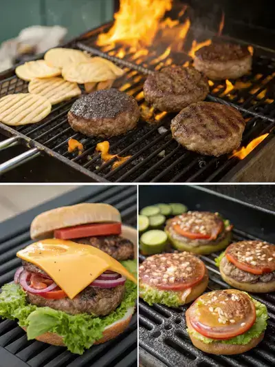 Step-by-step preparation of g's burgers, showcasing grilling, patty formation, cheese melting, and burger assembly.