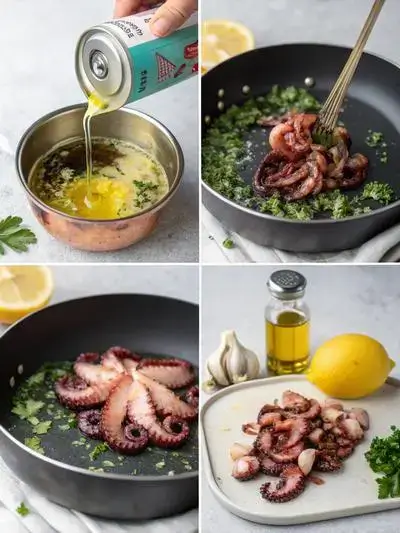 Step-by-step process of preparing canned octopus, including draining, marinating, and serving.
