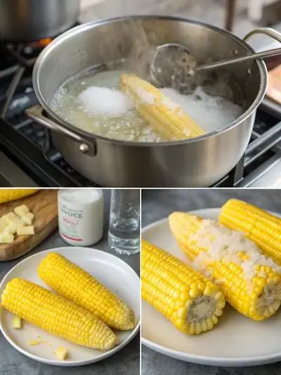 Step-by-step process of preparing frozen corn on the cob, from boiling to serving.