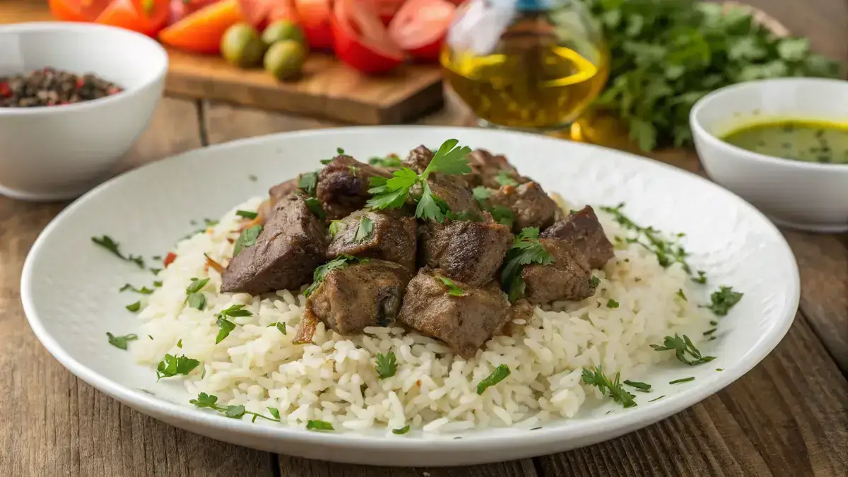 A delicious serving of lamb over rice garnished with parsley on a rustic wooden table.