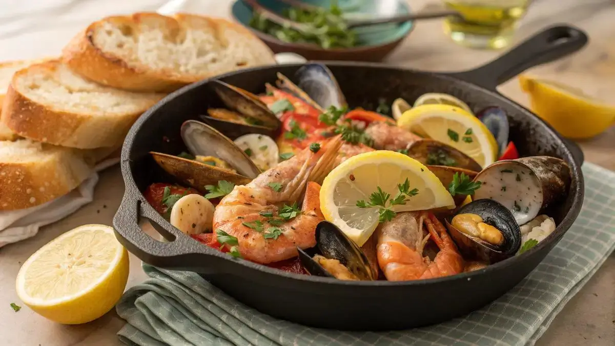 Delicious seafood bake with shrimp, crab, and scallops topped with golden breadcrumbs.