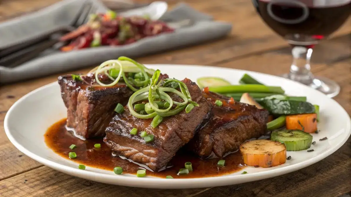 Delicious wagyu short ribs served with sauce and garnished with green onions and sesame seeds.