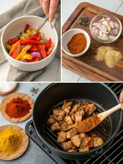Four-step process of making shawarma seasoning, including spices, storage, seasoning meat and vegetables, and cooking.