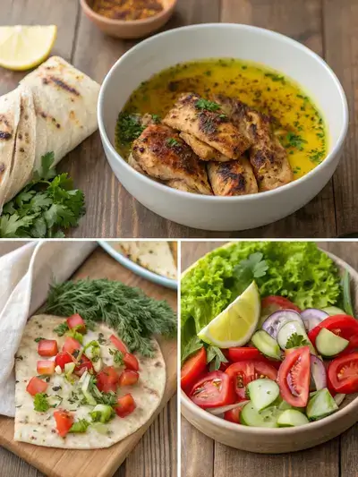 Four-step process of making shawarma and grill, featuring marinade, marinated chicken, grilling chicken, and assembled shawarma in pita.