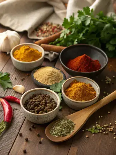 An assortment of spices for shawarma seasoning displayed on a wooden table, with fresh herbs and vegetables in the background.