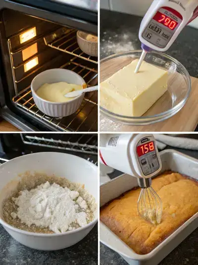Step-by-step process of making an American cake, including preheating the oven, mixing dry ingredients, creaming butter and sugar, and pouring batter into a cake pan.