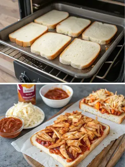 Step-by-step preparation of BBQ bread, including buttering bread, mixing chicken with BBQ sauce, and assembling toppings.