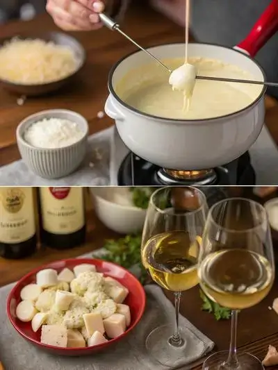 Step-by-step process of making cheese fondue, showcasing garlic, simmering wine, cheese mixture, and bread cubes.