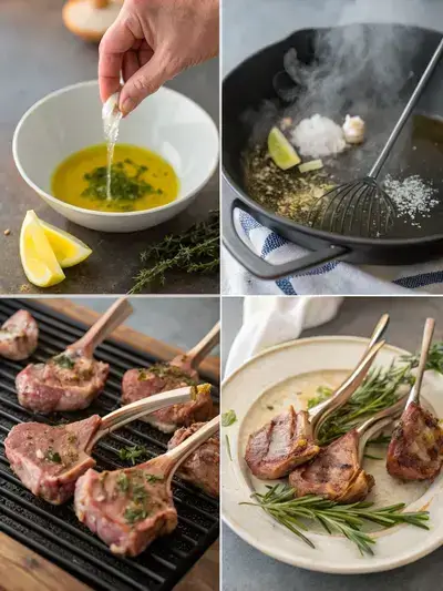 Four-step process of preparing lamb lollipops, including marinade preparation, marinating, grilling, and serving.