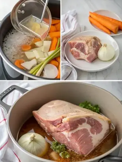 Step-by-step preparation of ham shank, including preheating the oven, seasoning the meat, browning in a Dutch oven, adding vegetables, roasting, resting, and preparing sauce.