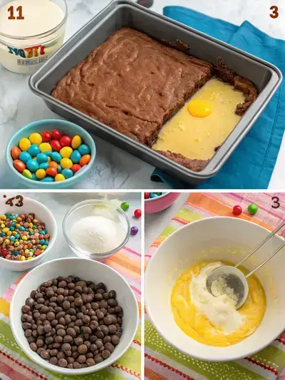 Step-by-step process of making m&m chocolate brownies, including preheating the oven, melting butter, adding eggs, and combining dry ingredients.