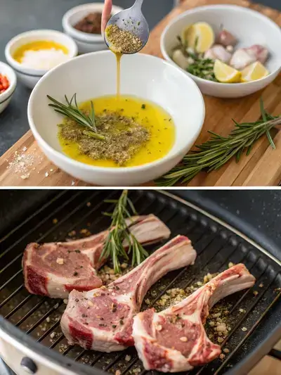 A step-by-step visual guide to preparing lamb chops, showcasing the marinade, marinating process, grilling, and final presentation.