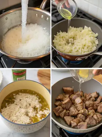 Step-by-step preparation of lamb over rice, including rinsing rice, cooking rice with onions, marinating lamb, and cooking lamb in a skillet.