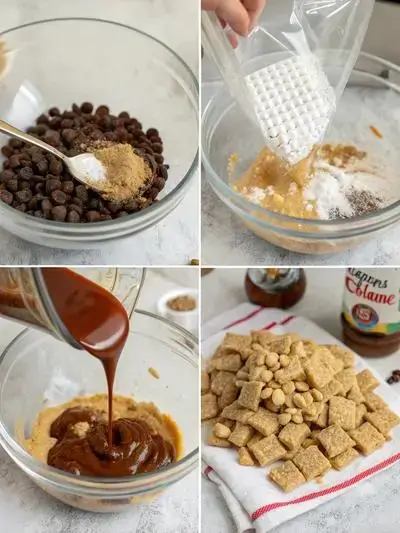 Step-by-step process of making puppy chow, including Rice Chex cereal, melted chocolate-peanut butter mixture, and powdered sugar coating.