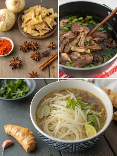 A step-by-step visual guide to making Saigon pho, showcasing charred onion and ginger, toasted spices, simmering broth, and a finished bowl of pho with garnishes.