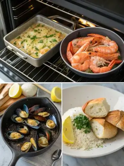 Step-by-step preparation of a seafood bake, showcasing the preheating oven, butter mixture, seafood coating, and baking dish with toppings.