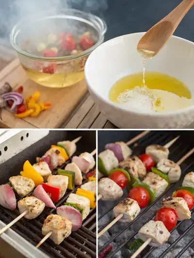 A step-by-step visual guide to preparing shish kabobs, featuring soaking skewers, mixing marinade, assembling colorful skewers, and grilling them on a barbecue.