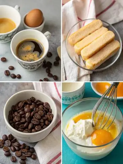 Step-by-step process of making tiramisu cups, including whisking egg yolks, folding in mascarpone, whipping cream, and layering ladyfingers.