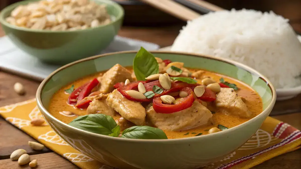 Delicious Panang Thai curry with chicken, coconut milk, and fresh basil served with rice.