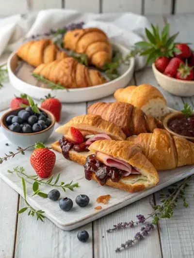 A visually appealing mini croissant platter with assorted fillings and garnished with fresh fruits and herbs.