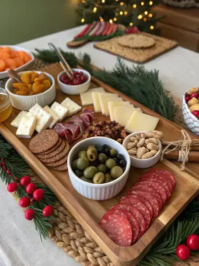 A beautifully arranged Christmas charcuterie board divided into sections showing the selection of a board, arrangement of cheeses, cured meats, and small bowls with olives and fruits.