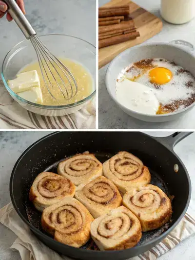 Step-by-step process of making Cinnamon roll French toast, including preheating the skillet, preparing the egg mixture, slicing cinnamon rolls, and cooking the coated slices.