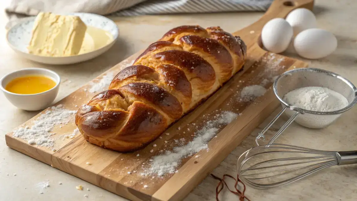 Freshly baked brioche loaf with a golden crust on a wooden board.