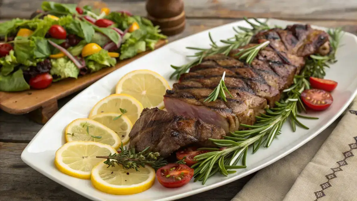 Grilled butterflied lamb leg garnished with rosemary and lemon on a wooden table.