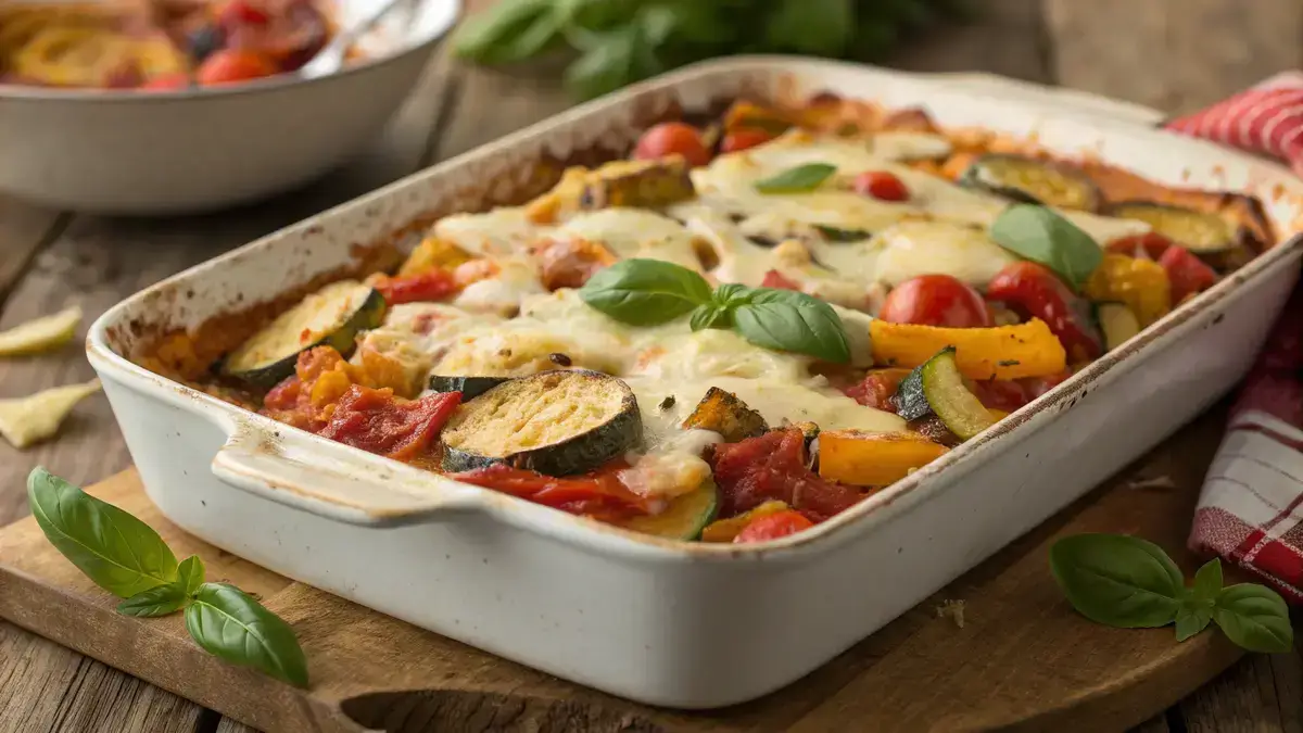 A close-up of a baked vegetable pasta dish with a golden cheese topping and colorful vegetables.