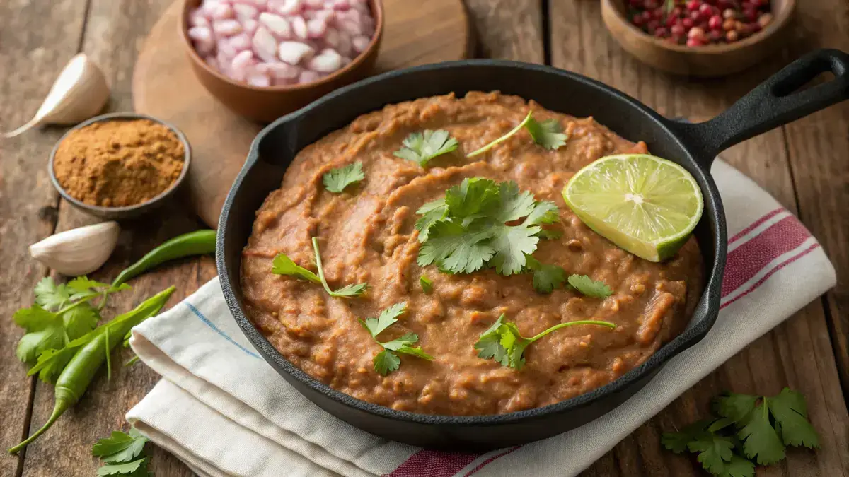 A skillet of refried beans garnished with cilantro and lime on a wooden table.