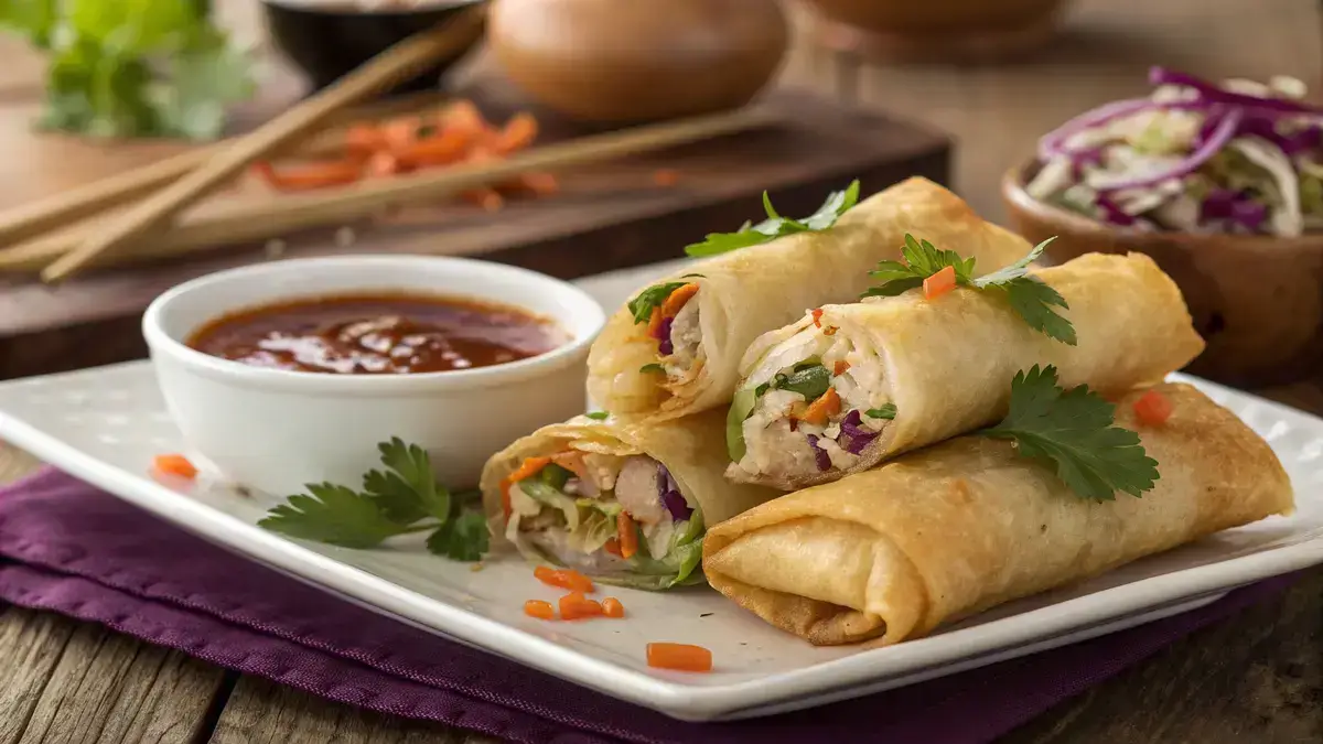 Plate of crispy spring rolls with dipping sauce and fresh herbs.